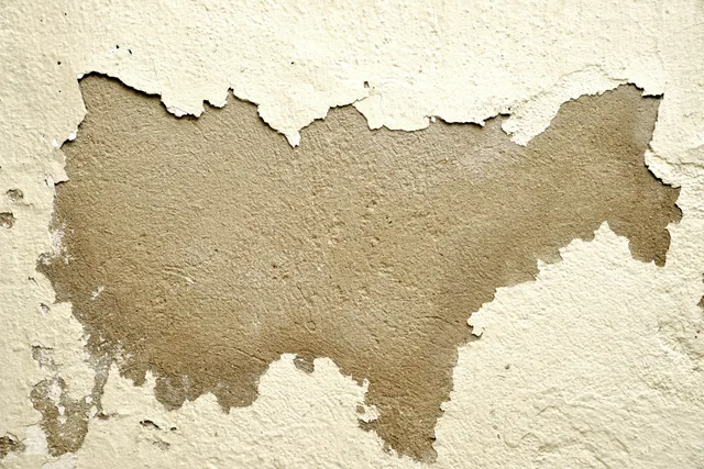 Close-up of a wall with peeling paint revealing the rough texture underneath. Water restoration license requirements: what to ask