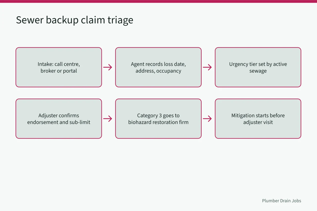 Flowchart of Canadian sewer backup claim triage from intake to mitigation (Working with Canadian insurers after a sewer backup claim)