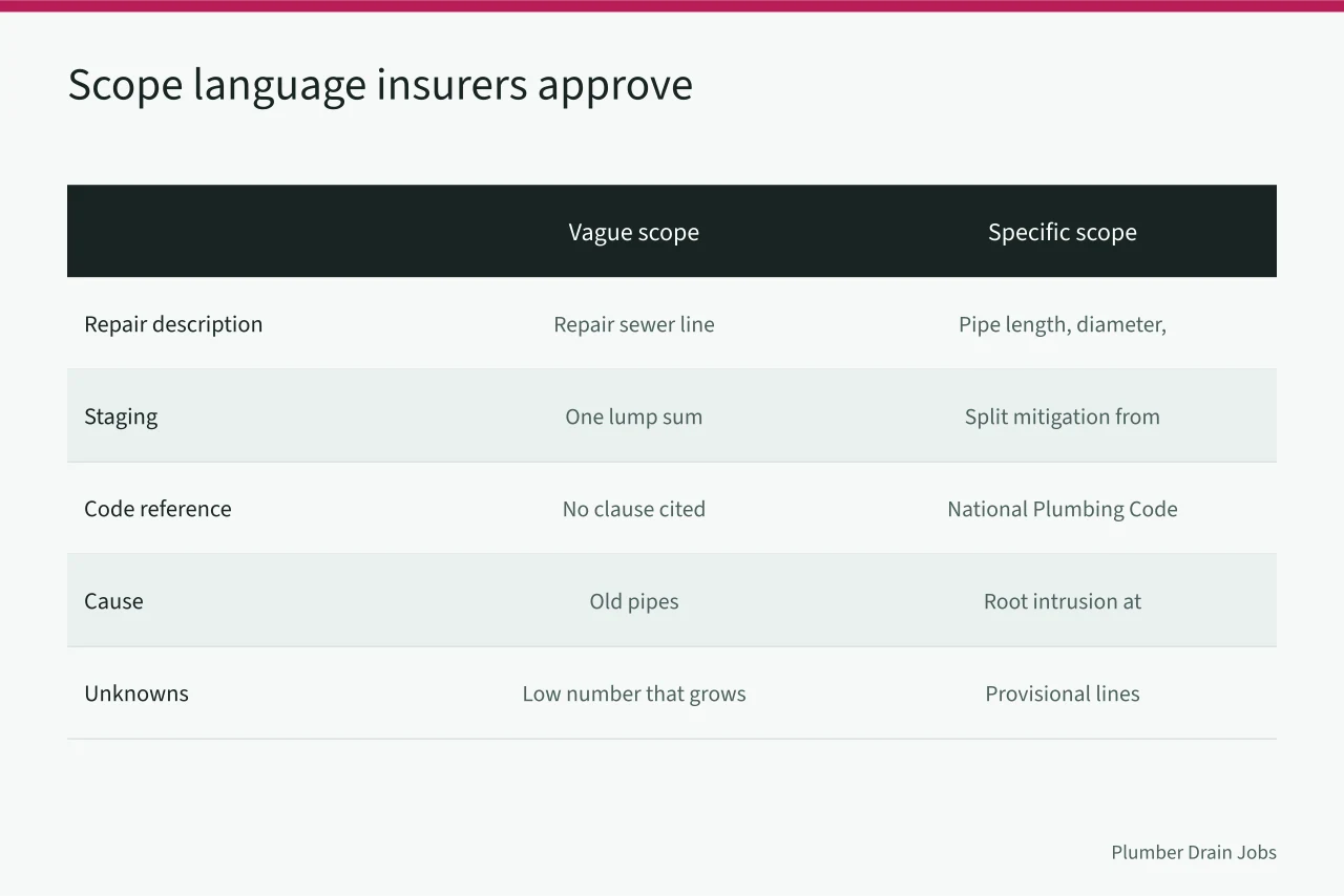 Comparison of vague versus specific drain repair scope language for insurers (Working with Canadian insurers after a sewer backup claim)