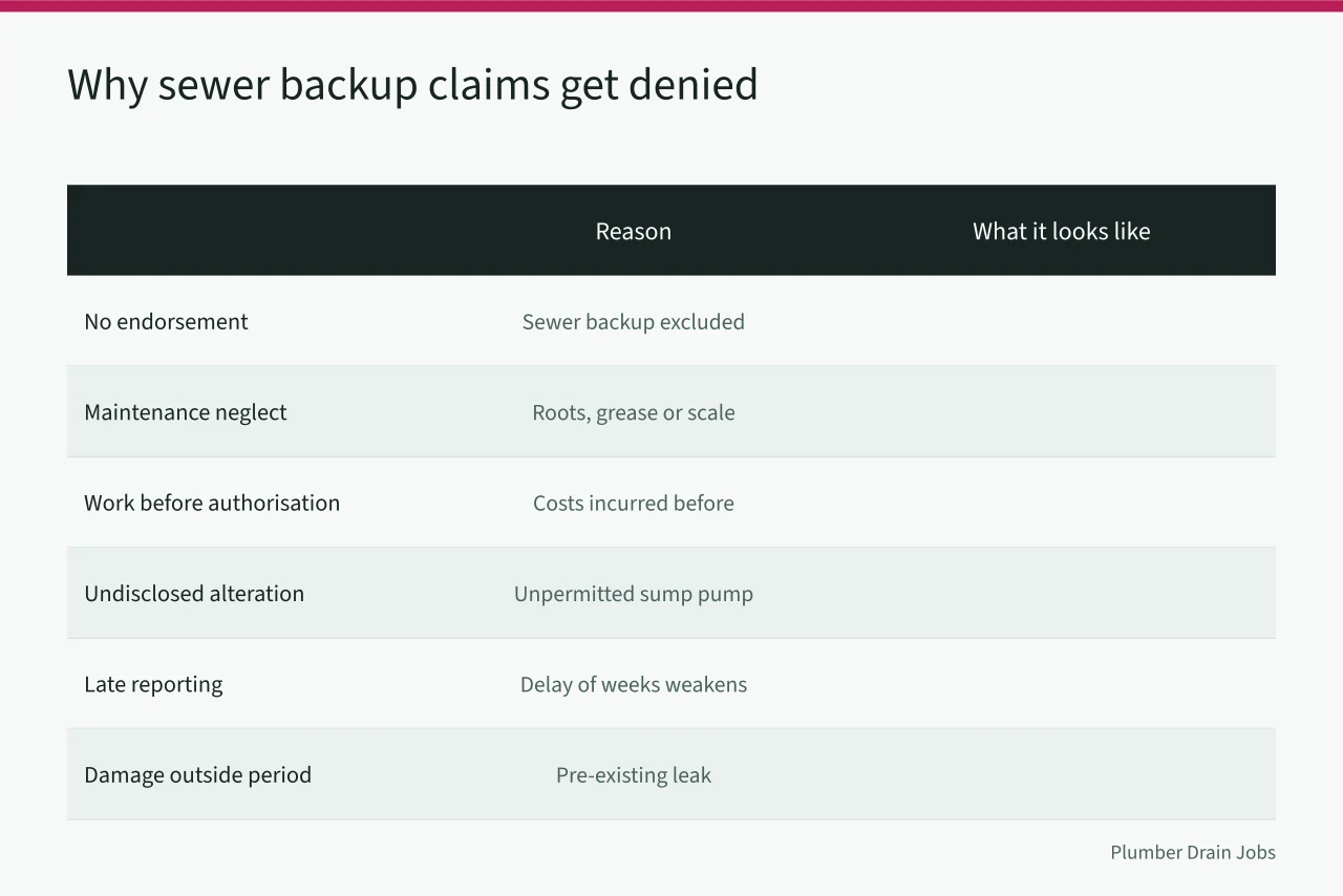 Table of common reasons Canadian sewer backup insurance claims are denied (Working with Canadian insurers after a sewer backup claim)