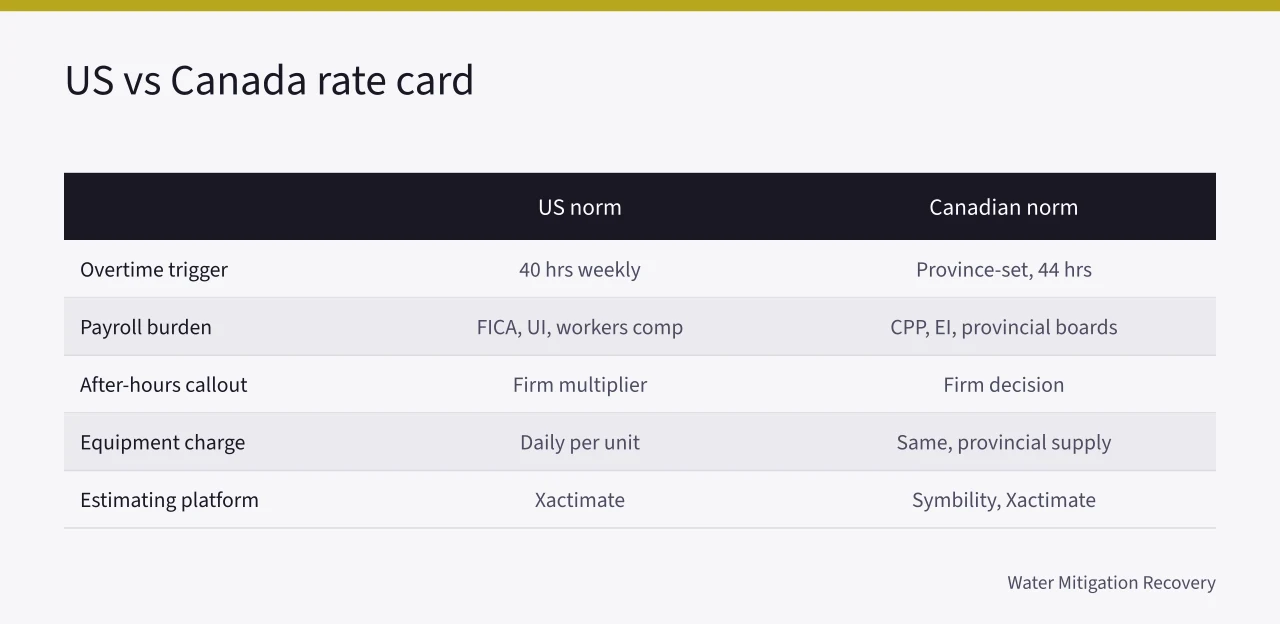 Comparison table of US and Canadian water mitigation rate card lines (Water damage restoration job costing: US labour rates vs Canadian provincial rates)